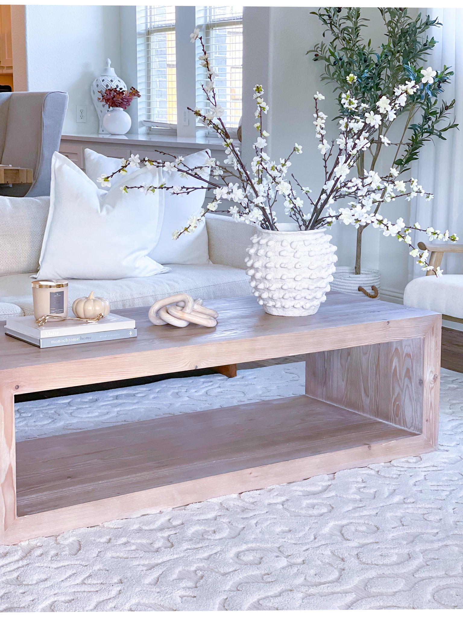 Fall coffee table 
Anthro minka pot, faux fall stems, fall stems, coffee table books, life in lilac fall candle