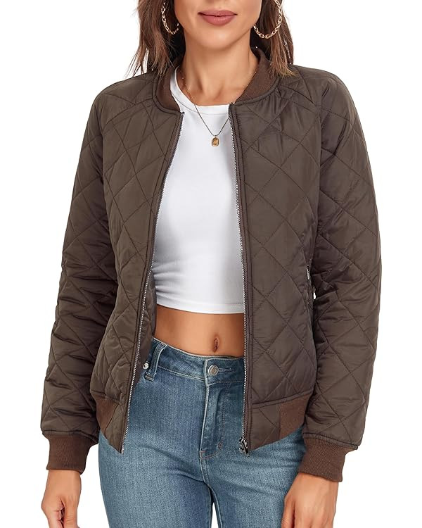 andy & natalie Women's Bomber Jacket Fashion Quilted Casual Lightweight Bomber Jakcets Zip up Out... | Amazon (US)