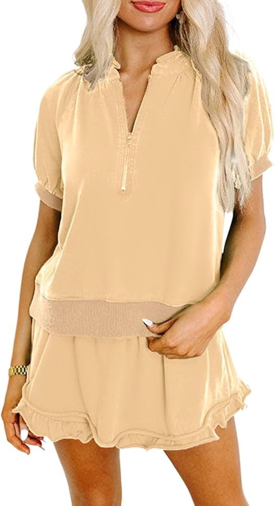 KevaMolly Women's 2 Piece Lounge Sets Casual Short Sleeve Outfits Half Zip Puff Sleeve Top and Ru... | Amazon (US)