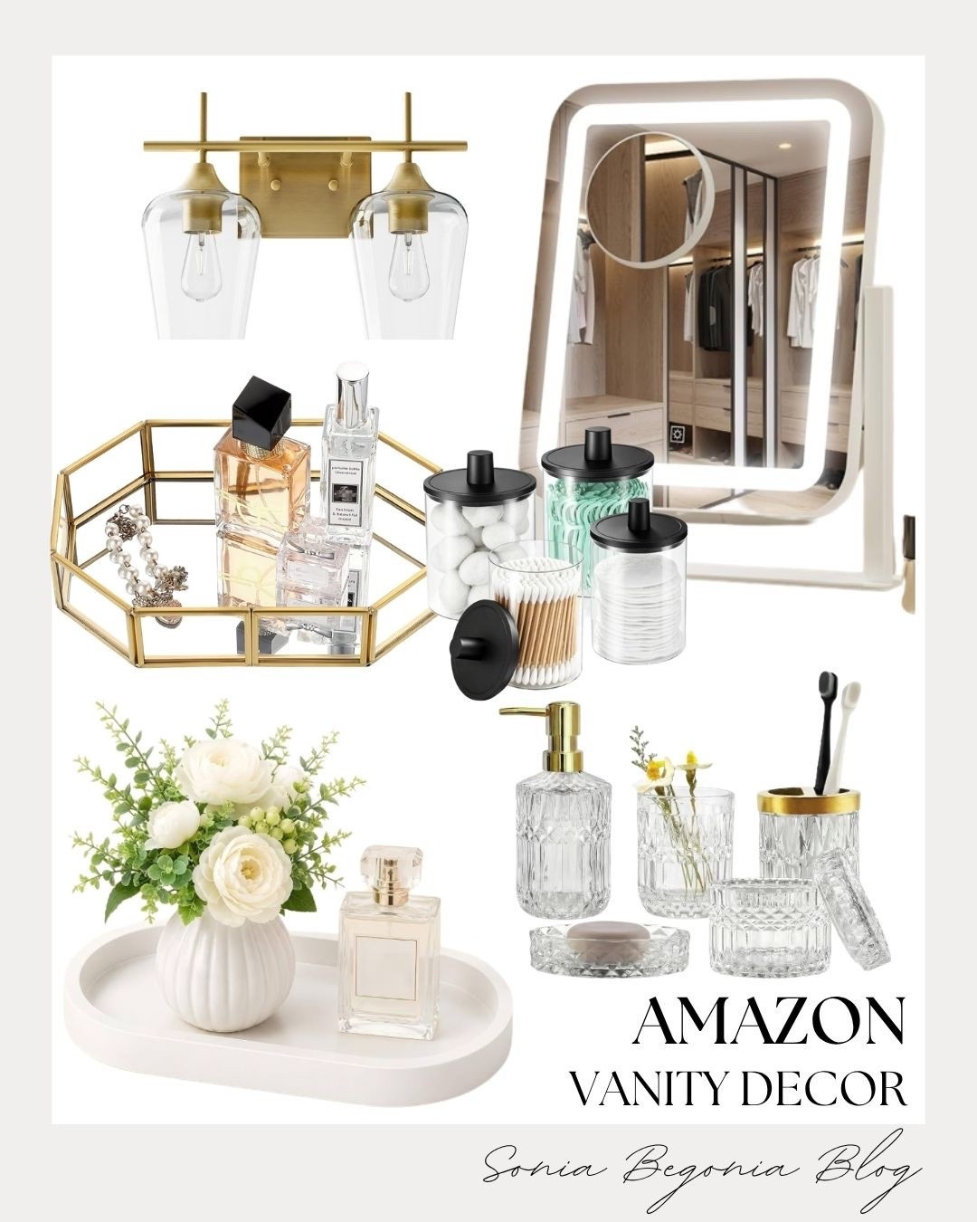 I’m loving these Amazon vanity decor essentials! 🤍

An LED makeup mirror, brass sconces, clear apothecary jars, glass soap dispensers, and a gold geometric tray bring chic organization to your counter. ✨

#LTKhome #LTKunder50 #LTKsalealert #AmazonHome #VanityDecor #BathroomOrganization #HomeDecor #InteriorStyling #CozyHome

#LTKHome