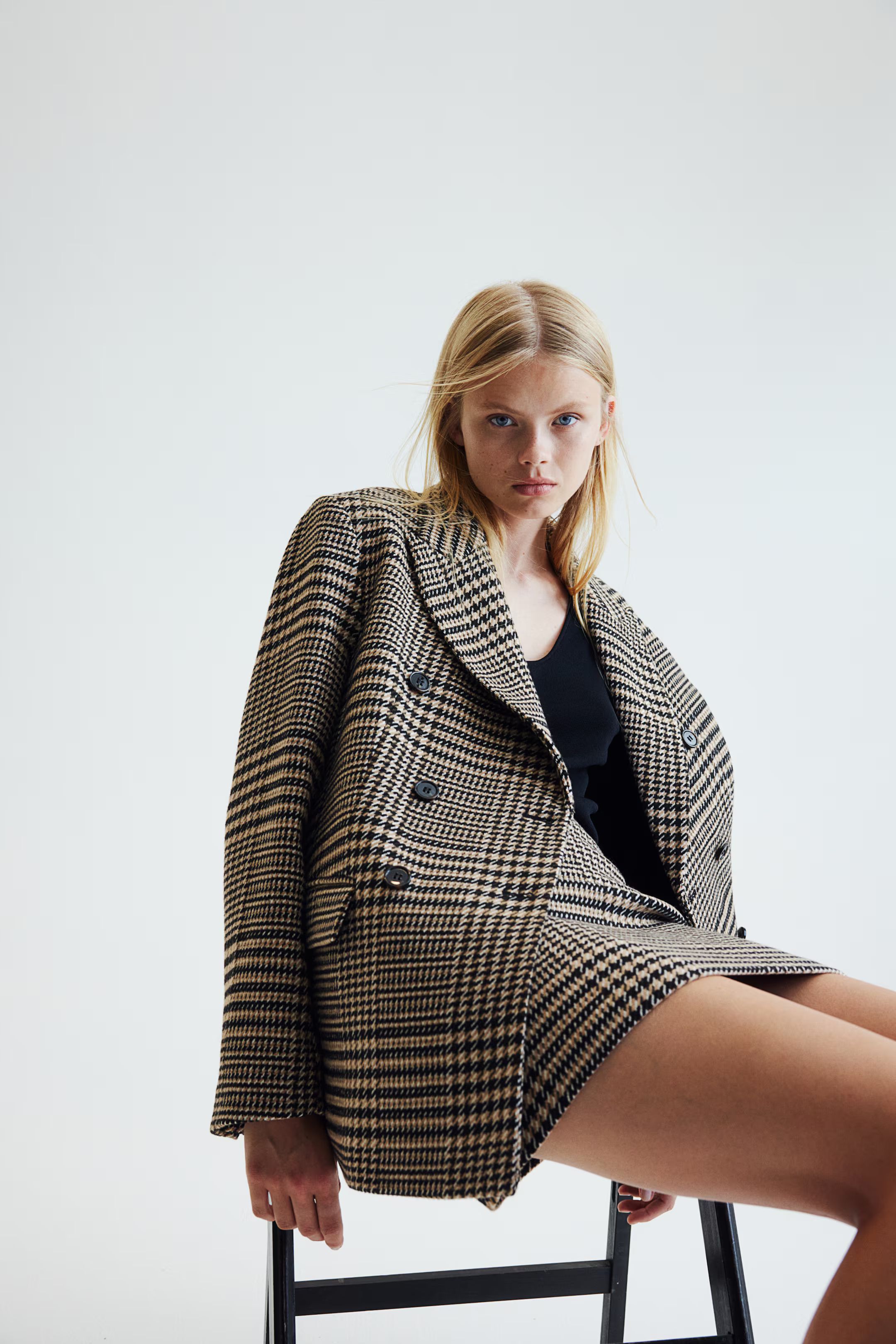 Oversized Blazer - Long sleeve - Long - Beige/checked - Ladies | H&M US | H&M (US + CA)