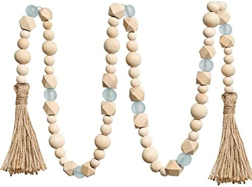 OMISHE Wood Bead Garland with Tassels 52 Inches, Octagonal Handmade Wooden Beads with Blue Acryli... | Amazon (US)
