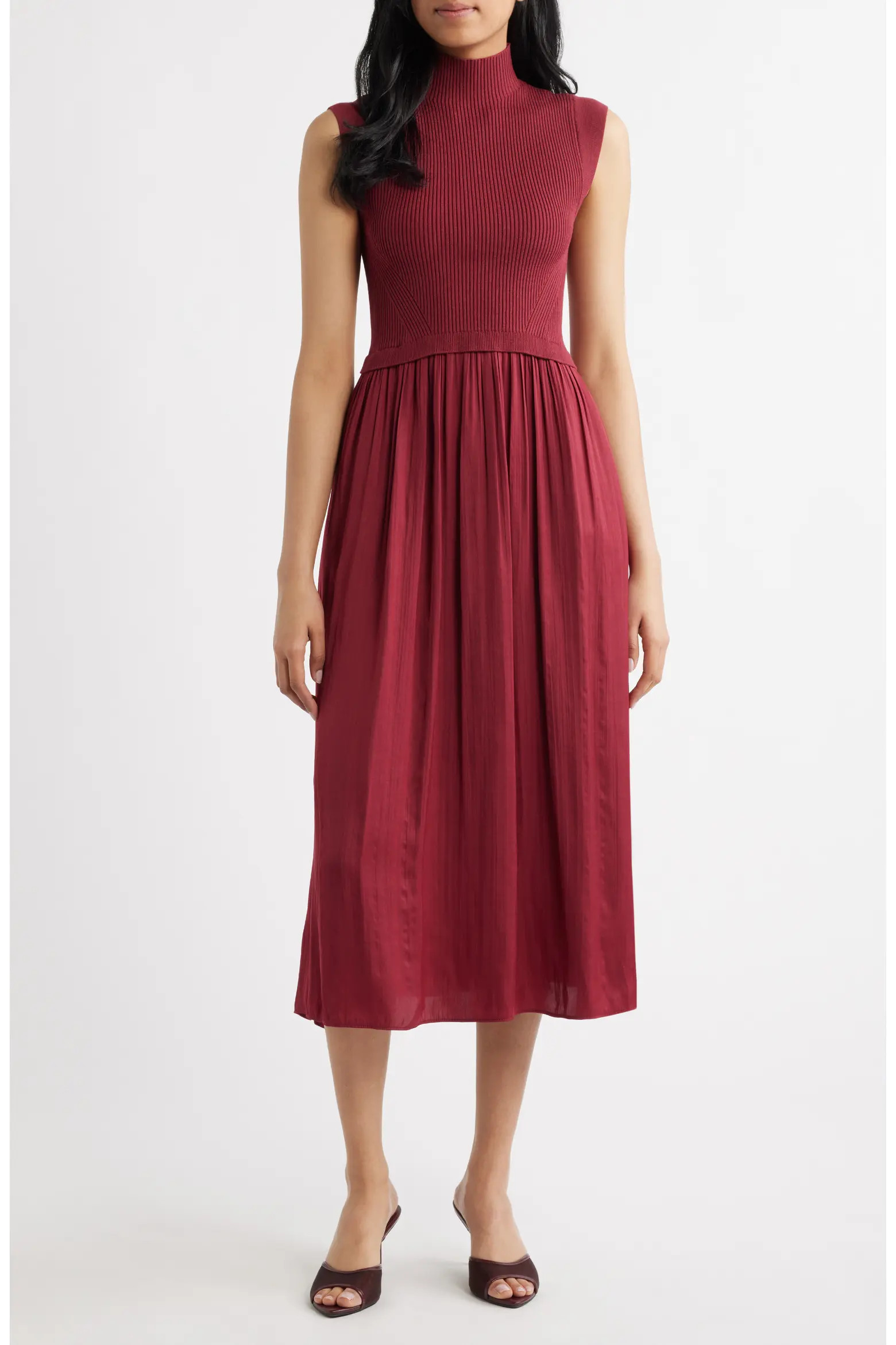 Mixed Media Rib Funnel Neck Midi Dress (Women) | Nordstrom | Nordstrom