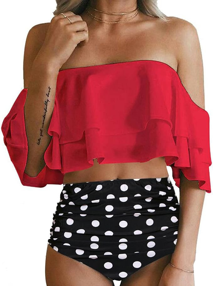 Tempt Me Women Two Piece Swimsuit High Waisted Bikini Off Shoulder Ruffle Bathing Suits | Amazon (US)