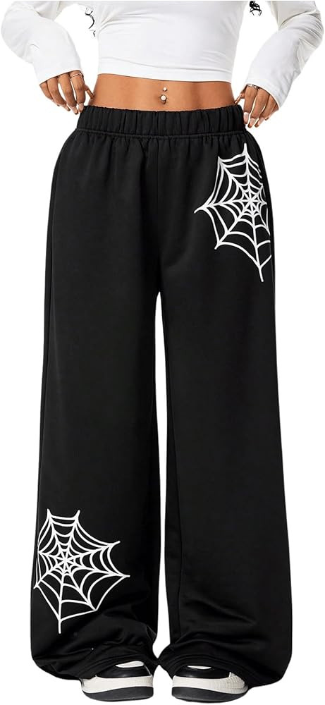 WDIRARA Women's Spiderweb Graphic Sweatpants Elastic Waist Athletic Workout Pants | Amazon (US)