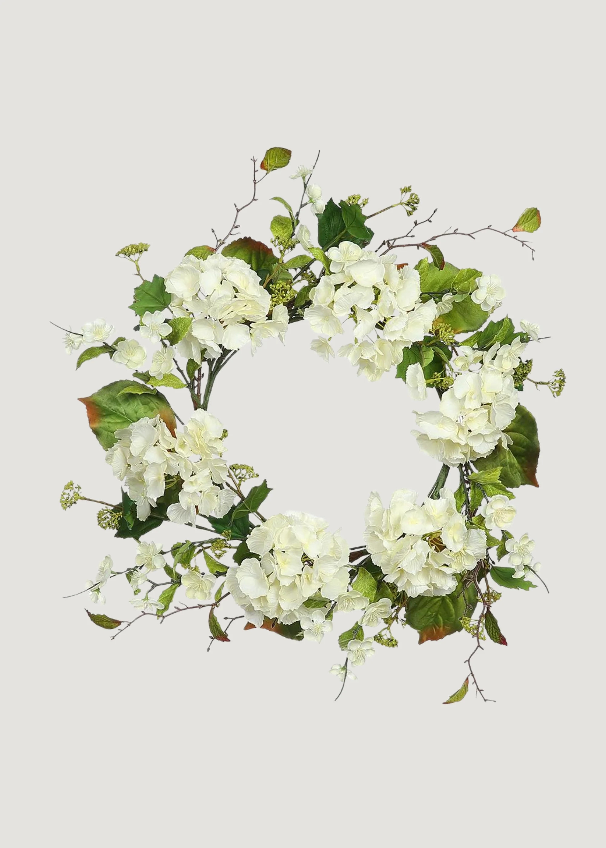 Artificial Hydrangea and Foliage Wreath in Cream Green - 24" | Afloral
