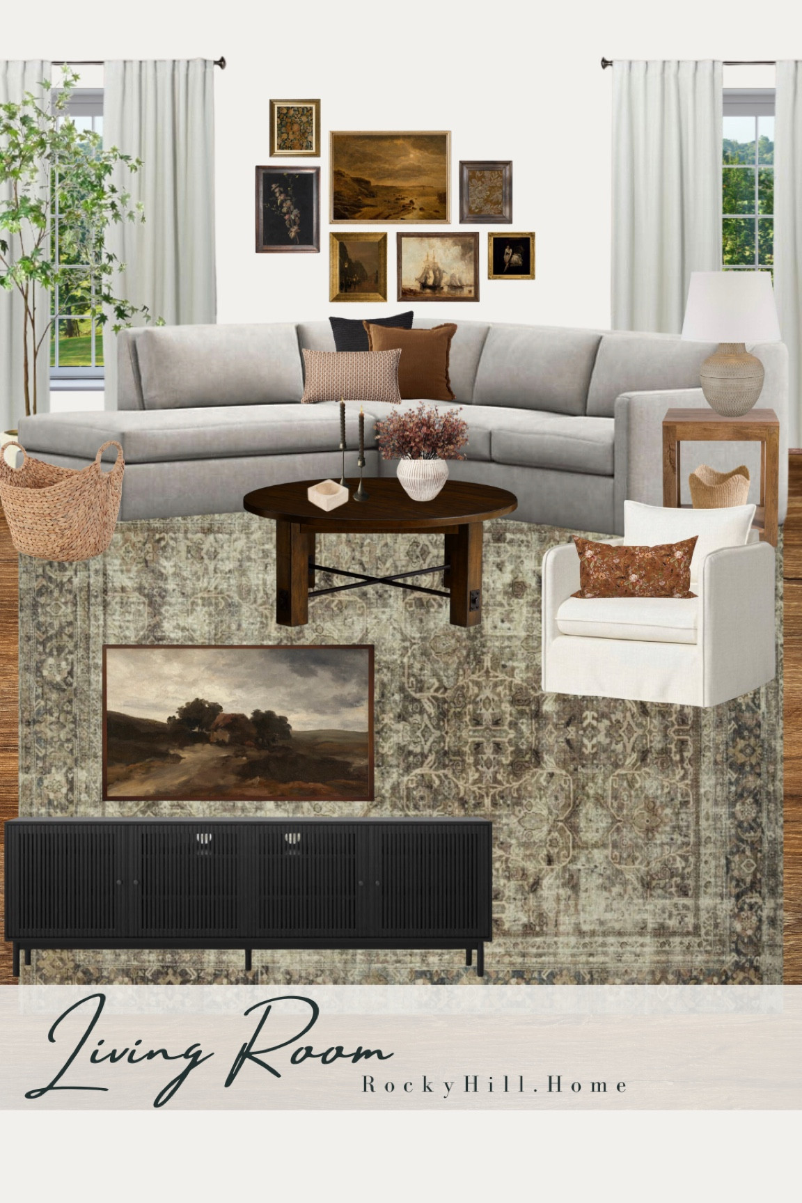 Living Room Moodboard with gray sectional mixed with a warm color palette. Crate and barrel sectional, modern black tv stand, loloi Sinclair rug, Target chair, gallery wall set, cognac pillow, pottery barn coffee table, Target white vase

#LTKstyletip #LTKhome