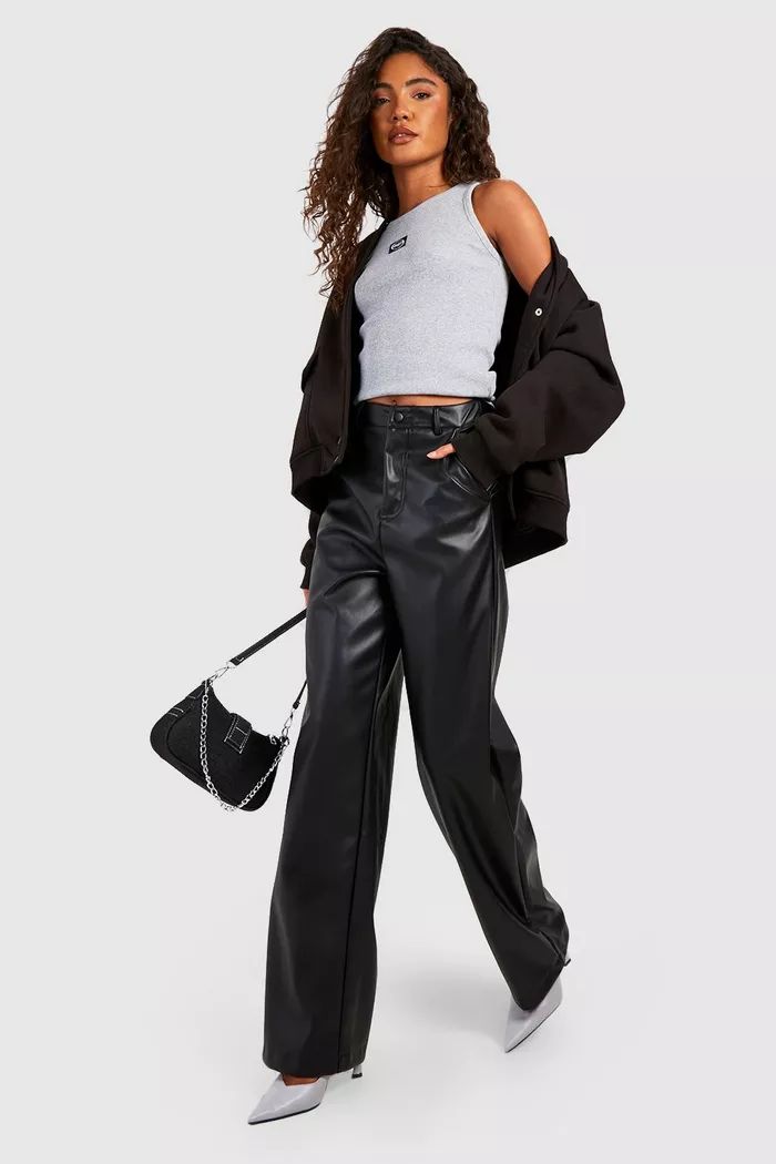 Tall Leather Look Relaxed Fit Straight Leg Trousers | boohoo (US & Canada)
