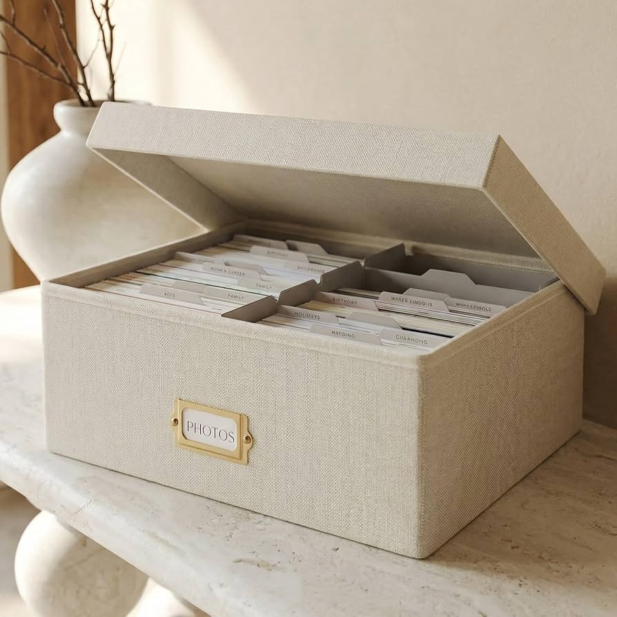 ZICOTO Decorative Photo Storage Box - Sturdy Linen Photo Organizer with Dividers is Perfect to St... | Amazon (US)