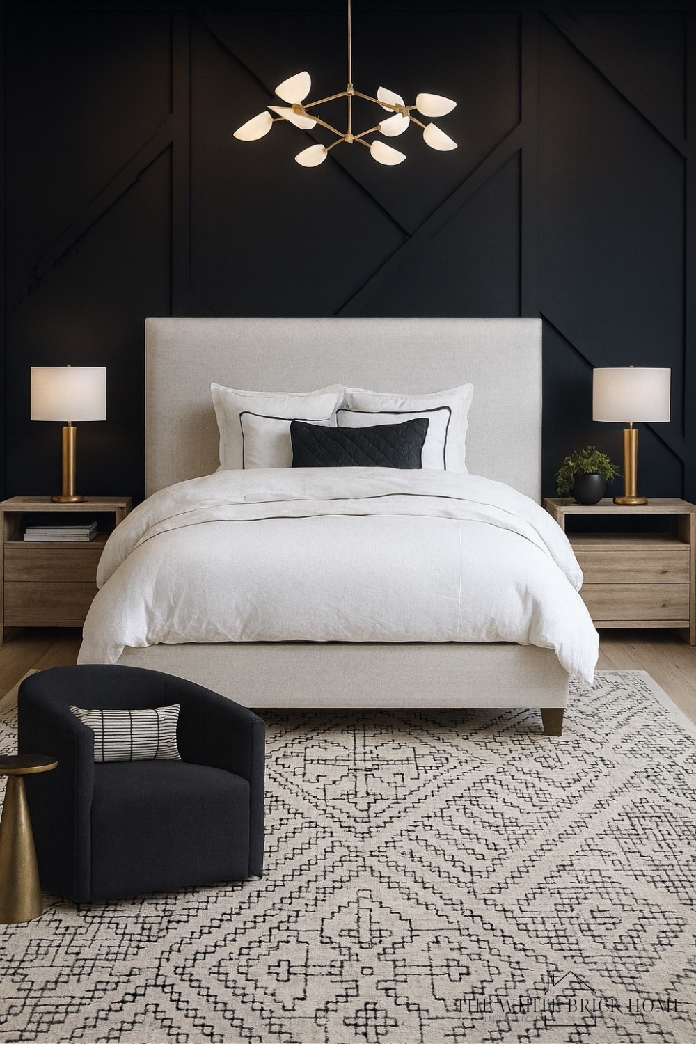 This black, moody wall color still feels light thanks for metallic accents and this beautiful geometric area rug. 

Bedroom, bed, black wall bedroom design, black paint bedroom design, table lamps, accent chair, bed, comforter, duvet cover, bedding, nightstands, home decor, home design, bedroom design, bedroom decor ideas, home decor ideas, moody bedroom, primary bedroom, bedroom design ideas, crate and barrel bedroom design, bedroom lighting, bedroom accent wall, modern bedroom, transitional bedrooms decor, home decor, crate and barrel, pottery barn, west elm, Wayfair 

#LTKFindsUnder100 #LTKSaleAlert #LTKHome