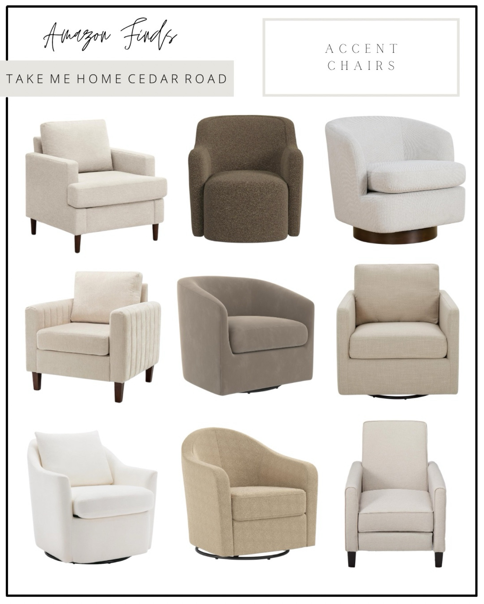 AMAZON FINDS
ACCENT CHAIRS
so many great neutral accent chair options, all price ranges!

Accent chair, upholstered chair, living room chair, swivel chair, barrel chair, neutral living room chair, living room 

#LTKSaleAlert #LTKHome