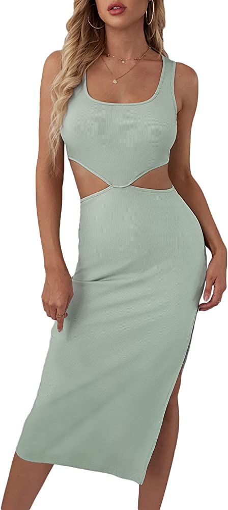 Verdusa Women's Cut Out Waist Split Side Square Neck Midi Bodycon Tank Dress | Amazon (US)