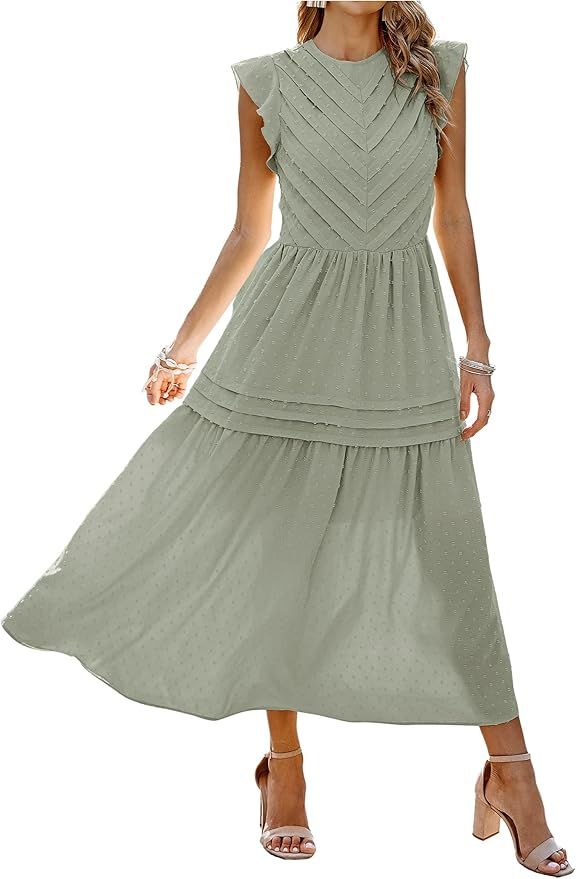 Angashion Women's Summer Maxi Dress Casual Crewneck Cap Sleeve Swiss Dot Tierd Pleated Solid Long... | Amazon (US)
