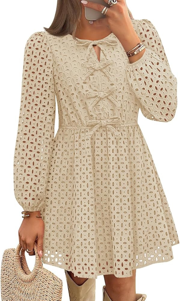 ZESICA Women's Long Sleeve Mini Dress 2025 Fall Crewneck Tie Front Hollow Out Eyelet Babydoll A L... | Amazon (US)