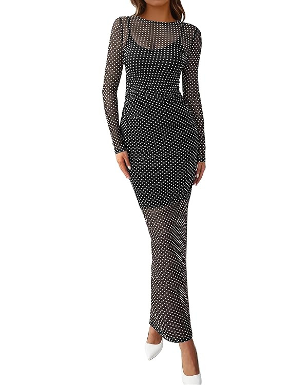 BTFBM Fall Dresses for Women 2025 2 Piece Set Long Sleeve Polka Dot Sexy Bodycon Mesh Dress and S... | Amazon (US)