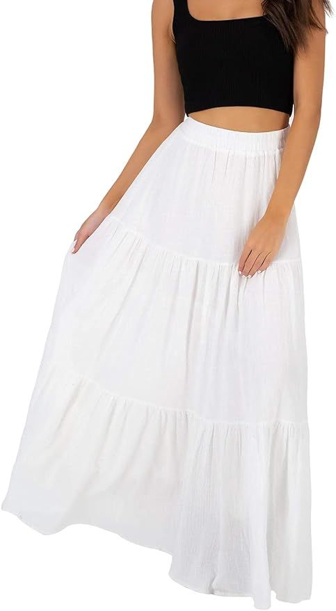 Annebouti Women Summer Boho Elastic High Waist Pleated A Line Tiered Maxi Skirt | Amazon (US)