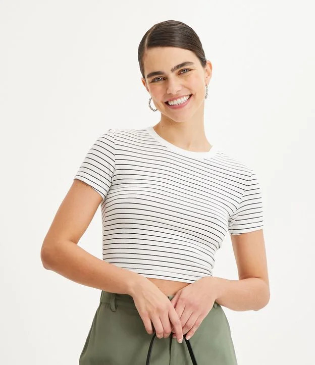 Blusa Cropped Básica em Viscolycra Estampa Listras Branco/Preto | Renner (BR)