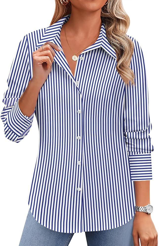 Zeagoo Button Down Shirts for Women Striped Collared Long Sleeve Blouses Dressy Casual Work Offic... | Amazon (US)