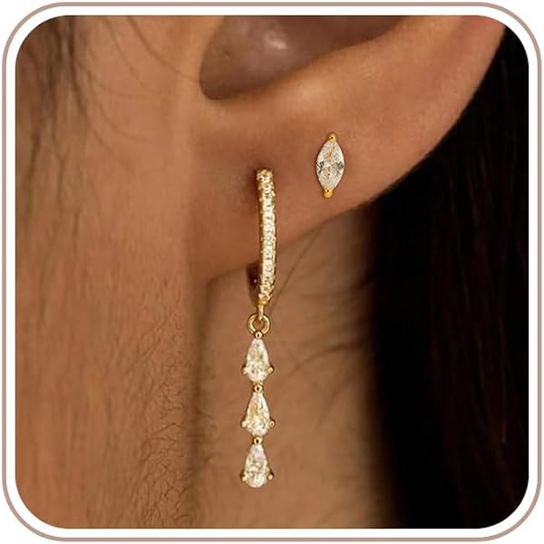 2 Pairs Gold Huggie Hoop Earrings for Women 14k Gold Plated Diamond Stud Earrings Set Drop Dangle Hypoallergenic Cubic Zirconia Flat Back Earring Gold Jewelry for Women Gift | Amazon (US)