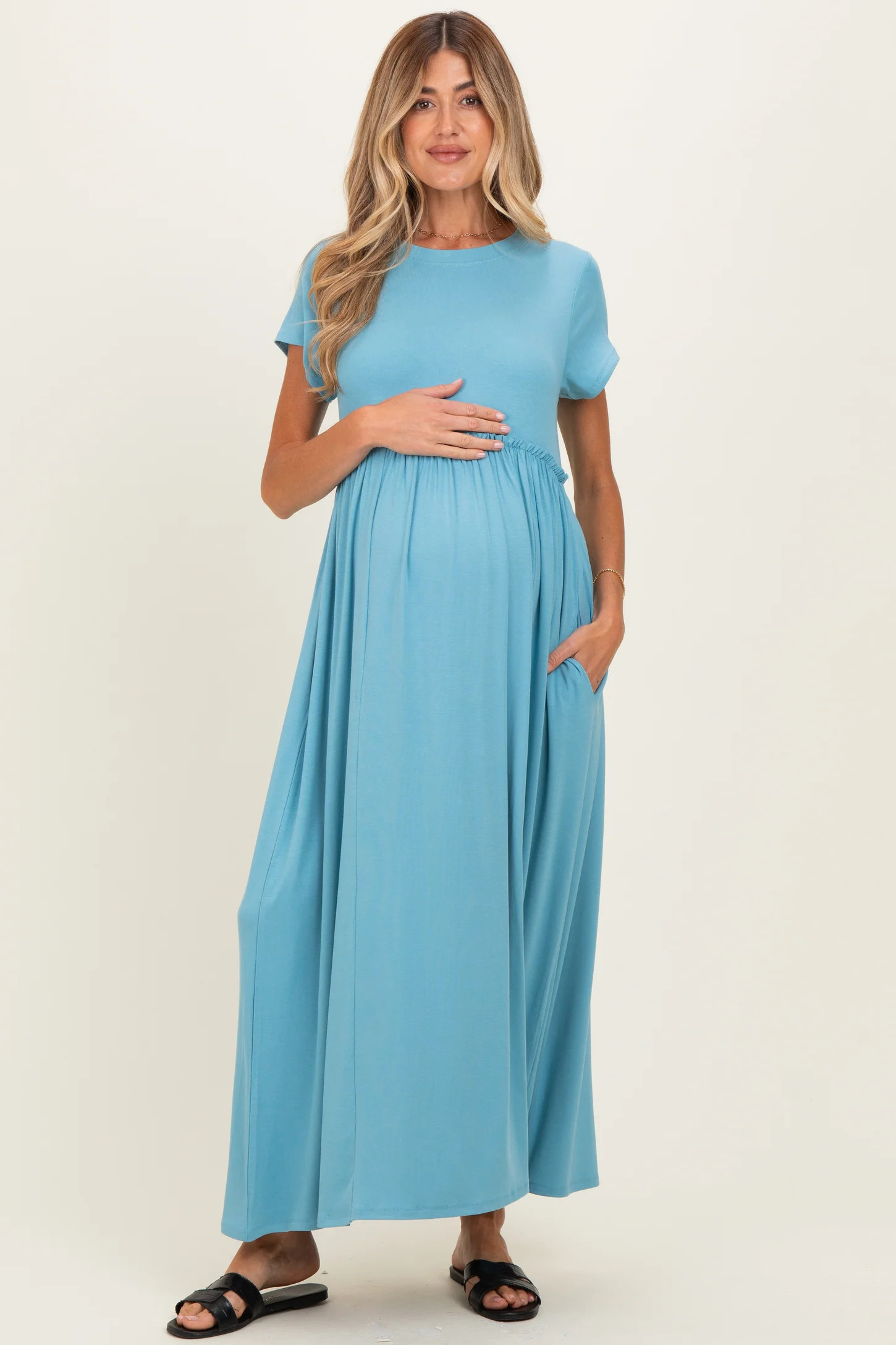 Light Olive Ruffle Trim Maternity Maxi Dress | PinkBlush Maternity