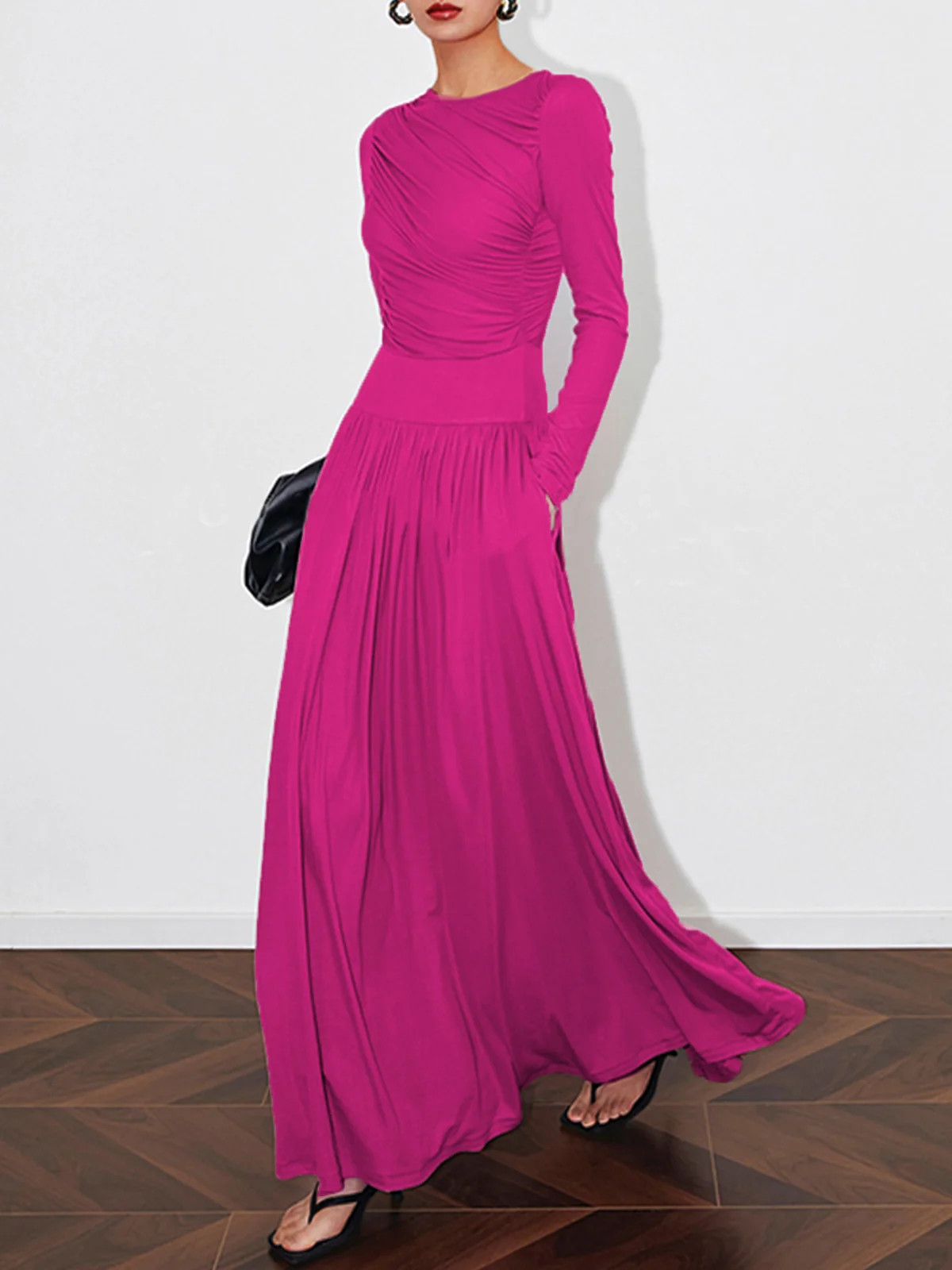 Elegant Ruched Plain Crew Neck  Pockets Dress | Stylewe