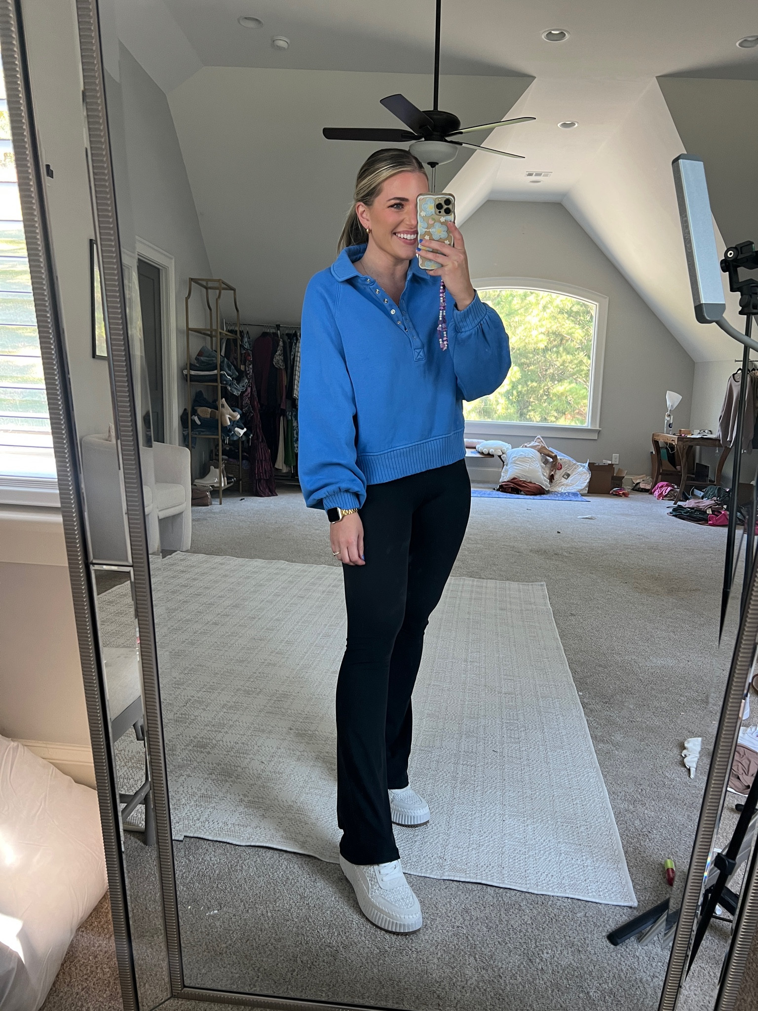 The cutest blue pullover. So comfy & the perfect cropped fit. TTS - M 
Fave flare leggings - buttery soft! TTS - M reg length (I’m 5’5)
Dolce vita lookalike sneakers. So comfy! TTS 

Comfy mom outfit dropoff sports game casual outfit stretchy pants yoga pants flared pants flared leggings buttery soft aerie American Eagle look for less size 8 size medium midsize 


#LTKmidsize #LTKsalealert #LTKfindsunder50