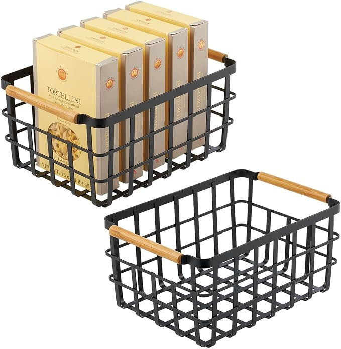 mDesign Metal Wire Food Organizer Storage Bin Basket with Bamboo Handles for Kitchen Cabinets/Pan... | Amazon (US)