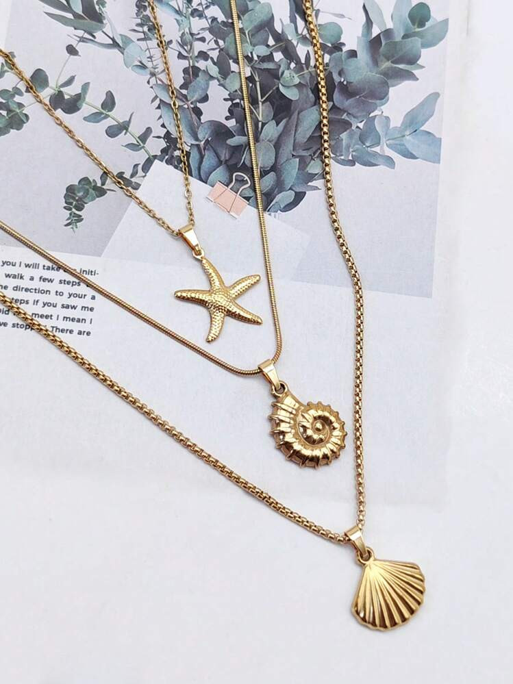 3pcs/Set Fashionable Stainless Steel Ocean Theme Necklace Set - Starfish, Shell, Conch Pendants, Gift Idea | SHEIN