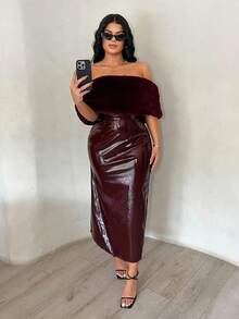LocalSHEIN SXY Wine Red Faux Leather & Faux Fur Splice Off-Shoulder Dress,Slay Diva Burgundy Autu... | SHEIN