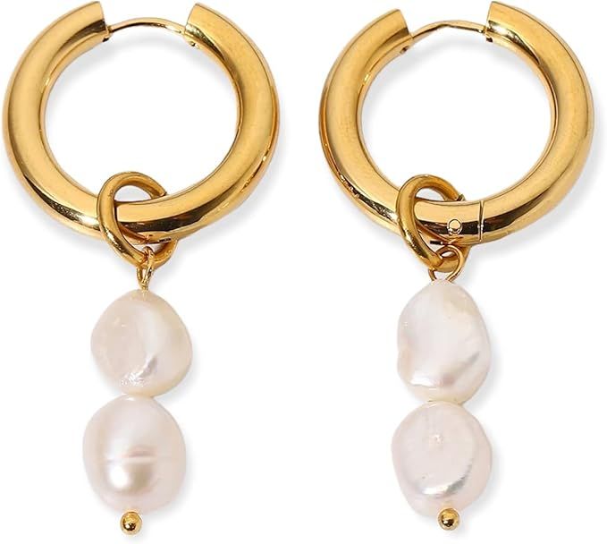 18K Gold Plated Pearl Drop Earrings Hoops Bridal | Amazon (US)