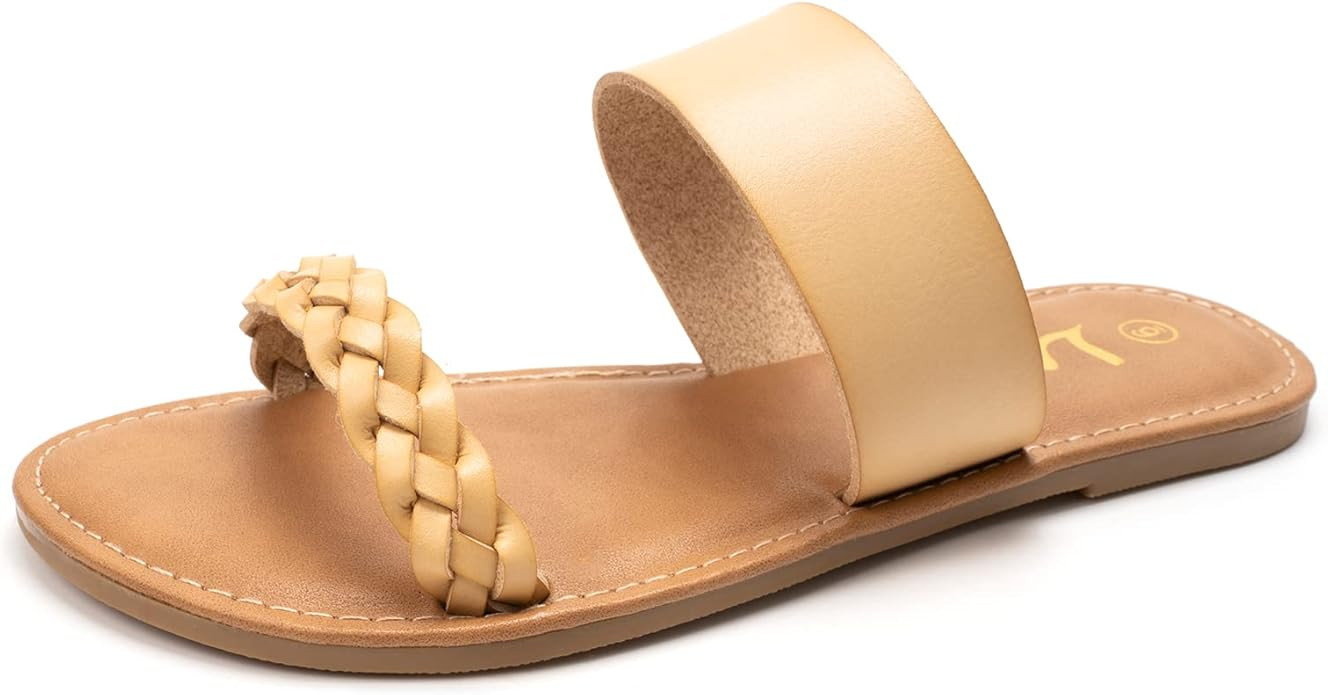 LM Women's Braided Slide Sandals Open Toe Two Band Slip On Flat Sandals Casual Summer Sandals | Amazon (US)