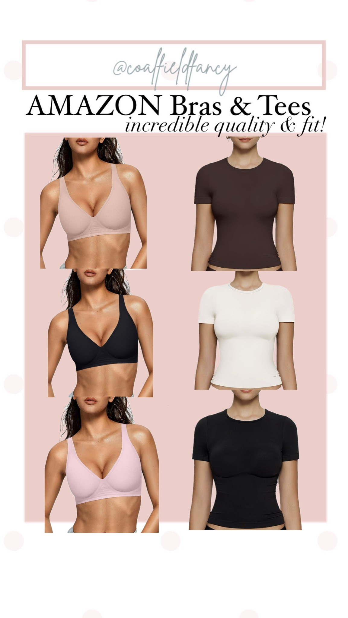 Amazon bras & tees that offer an incredible fit experience! Additionally the neutral color selection is expansive! I wear a size medium in the deep v bra. I am typically a 34C. I also sized up to a medium in the T-shirt for a l slightly longer fit. The brawls are perfectly seamless. Under clothes and offer incredible quality for the price.! 

#LTKFindsUnder50 #LTKStyleTip #LTKOver40