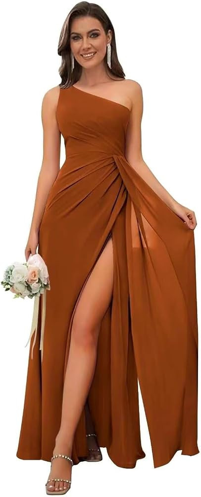 Burnt Orange One Shoulder Bridesmaid Dresses for Wedding Pleated Chiffon Formal Evening Party | Amazon (US)
