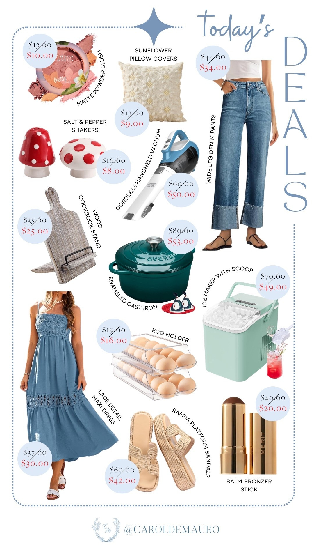 Grab these amazing finds while they’re on sale—like the cordless handheld vacuum, ice maker, sunflower pillow covers, salt & pepper shakers, and cast iron pot! You can also snag the lace-detail maxi dress, wide-leg denim pants, and raffia sandals to complete your spring wardrobe for way less.

today's deals, budget friendly, casual chic, beauty finds, home finds, kitchen must haves, home decor, organization tips

#LTKSaleAlert #LTKHome #LTKootd