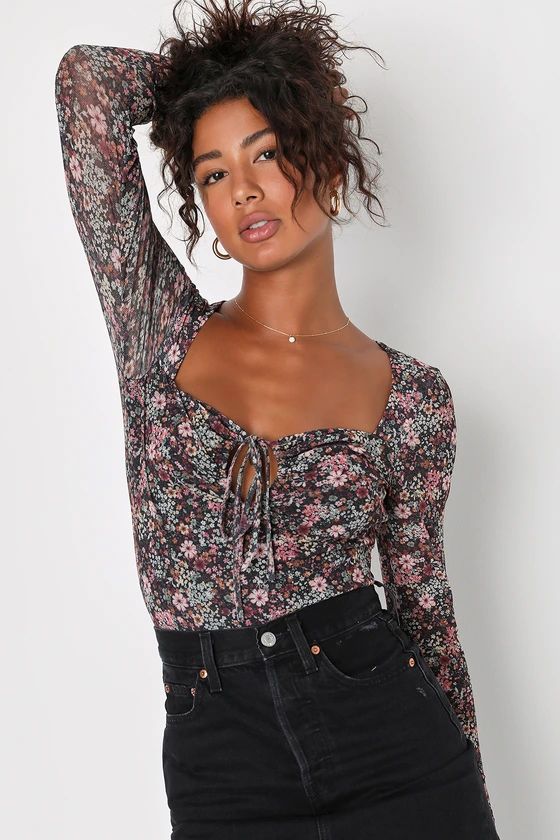 Irresistible Wonder Black Floral Print Mesh Keyhole Bodysuit | Lulus (US)