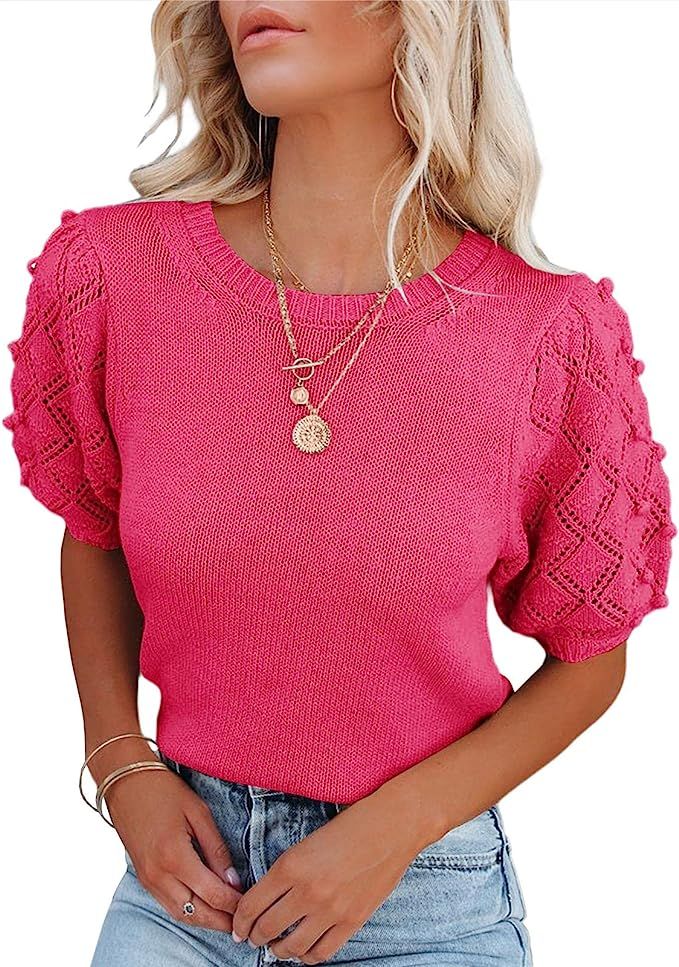 Ybenlow Womens Summer Puff Short Sleeve Sweaters Crew Neck Pullover Tops Pom Pom Lightweight Knit... | Amazon (US)