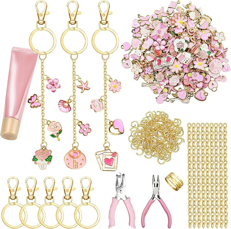 X-Kingsun 303Pcs DIY Lip Gloss Charms Keychain Kit 100 Pink Charms 20 Keychains 140 Jump Rings 20... | Amazon (US)