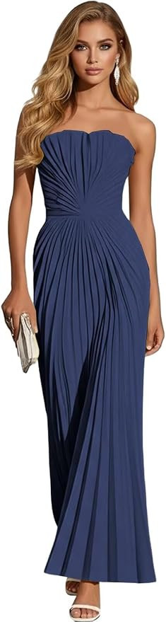 Strapless Bridesmaid Dress Pleated Chiffon Long Formal Prom Dress for Cocktail Party Gowns | Amazon (US)