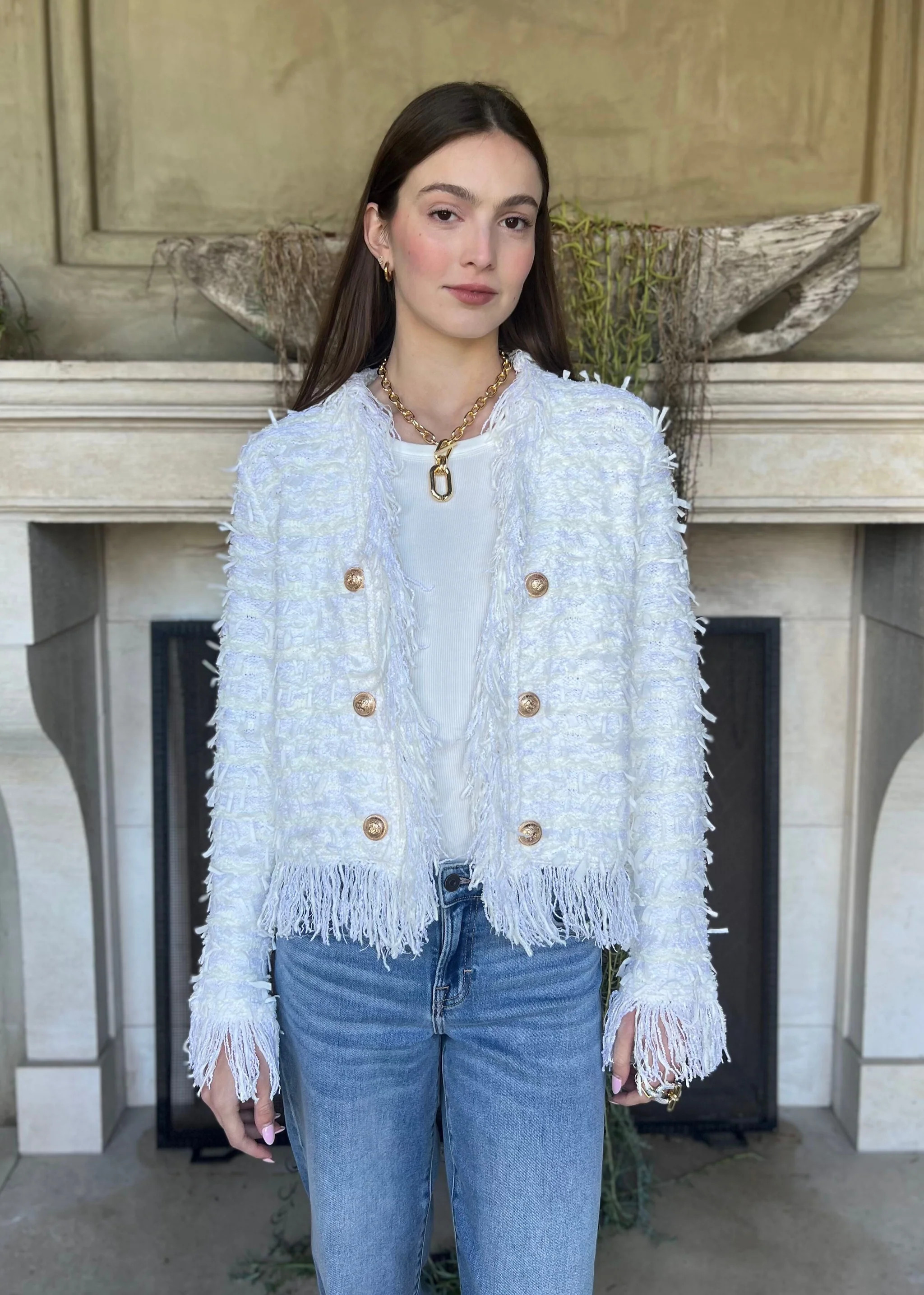 Khloe Open Front Fringe Jacket - White | Benaar La