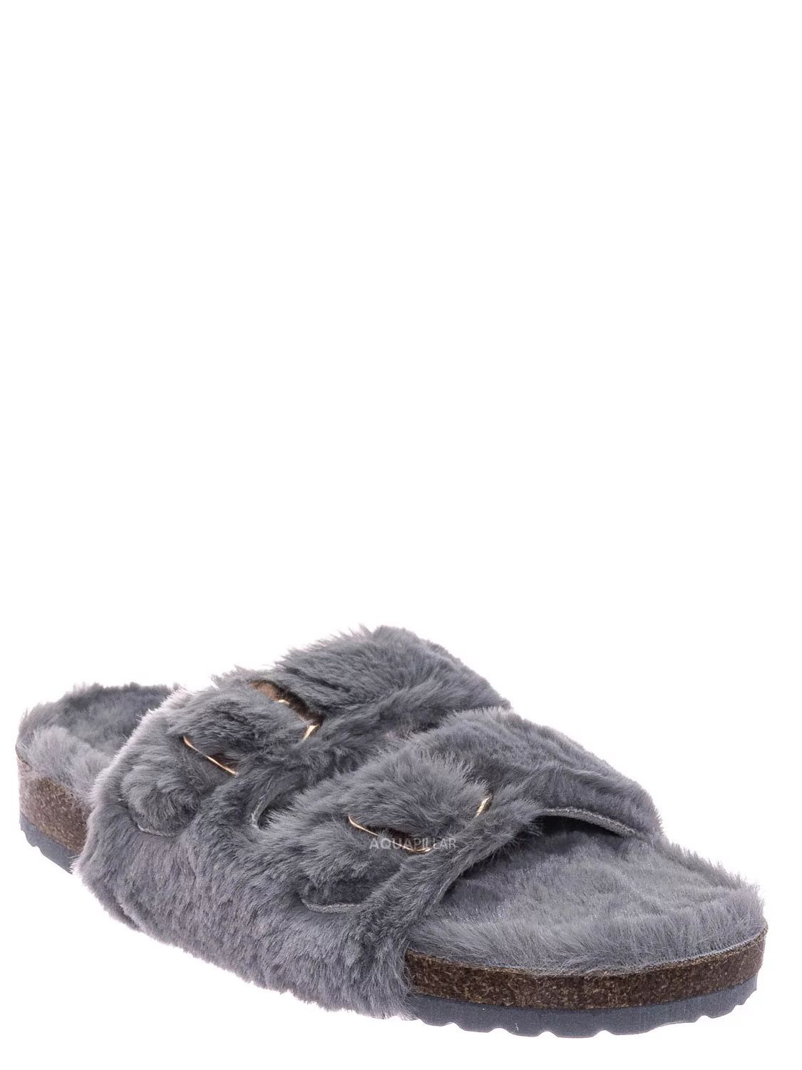 Faux Fur Molded Footbed Slipper - Furry Slide In Cork Slide Sandal | Walmart (US)