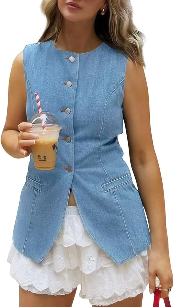 Cicy Bell Womens Round Neck Denim Waistcoat Vest Summer Button up Jean Vest Tops Fitted Sleeveles... | Amazon (US)