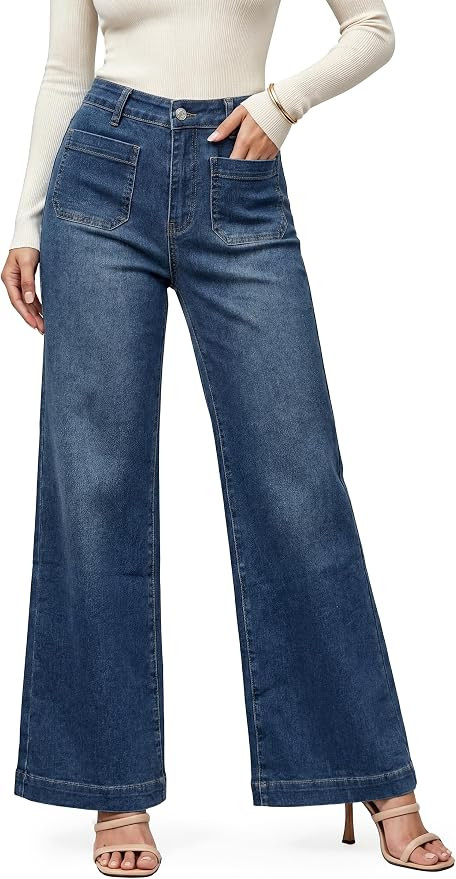 Wide Leg Jeans for Women Trendy Work Denim Pants | High Waisted Stretchy Trouser Jean with Front ... | Amazon (US)