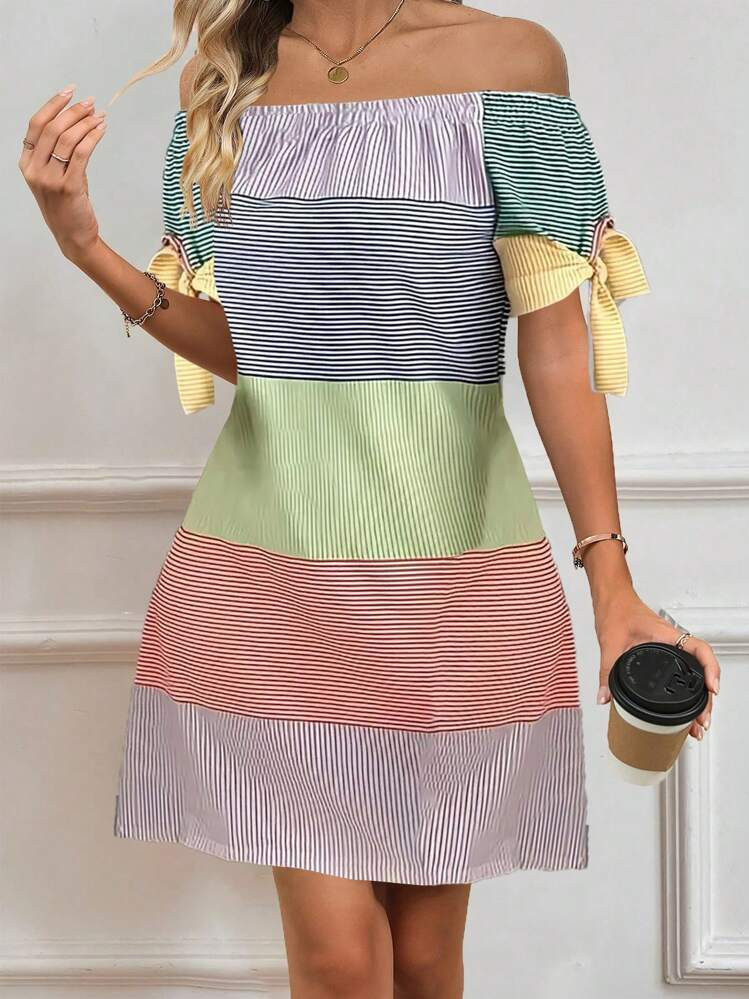 SHEIN LUNE Striped Color Block Off Shoulder Sleeve Tie Hem Midi Dress For Summer | SHEIN