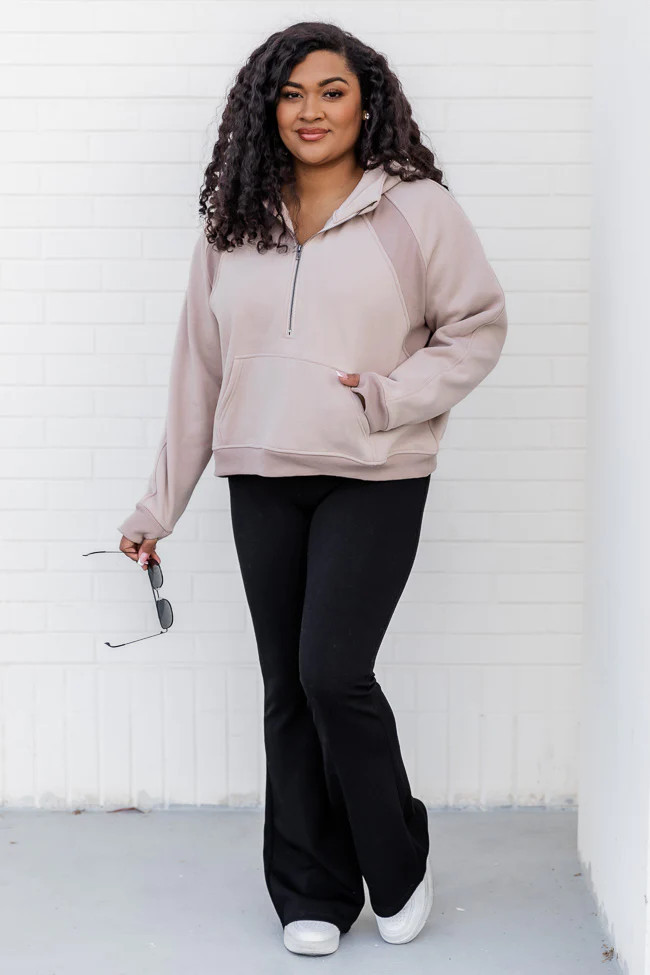 Making It Look Easy Beige Ribbed Shoulder Quarter Zip Pullover | Pink Lily