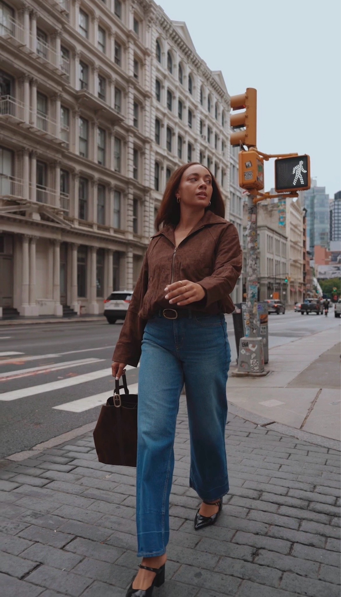 Fall outfit inspo: high rise wide leg jeans, suede bomber jacket, tote bag, black heels

#LTKSeasonal #LTKootd