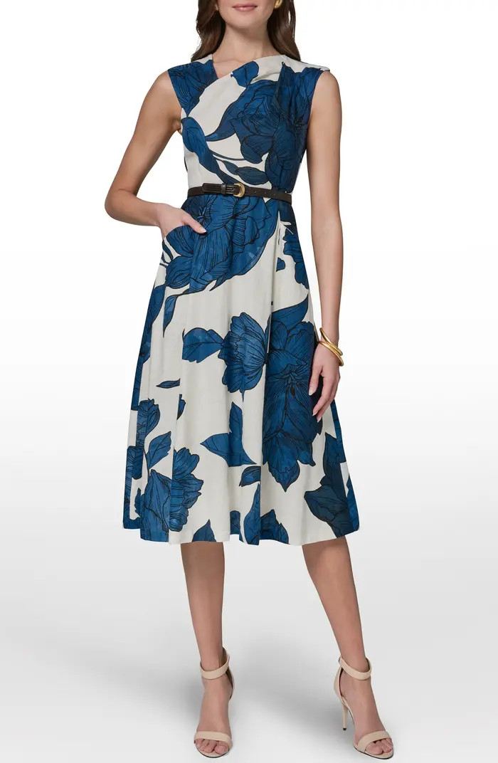 Belted Floral Linen Blend Fit & Flare Dress | Nordstrom