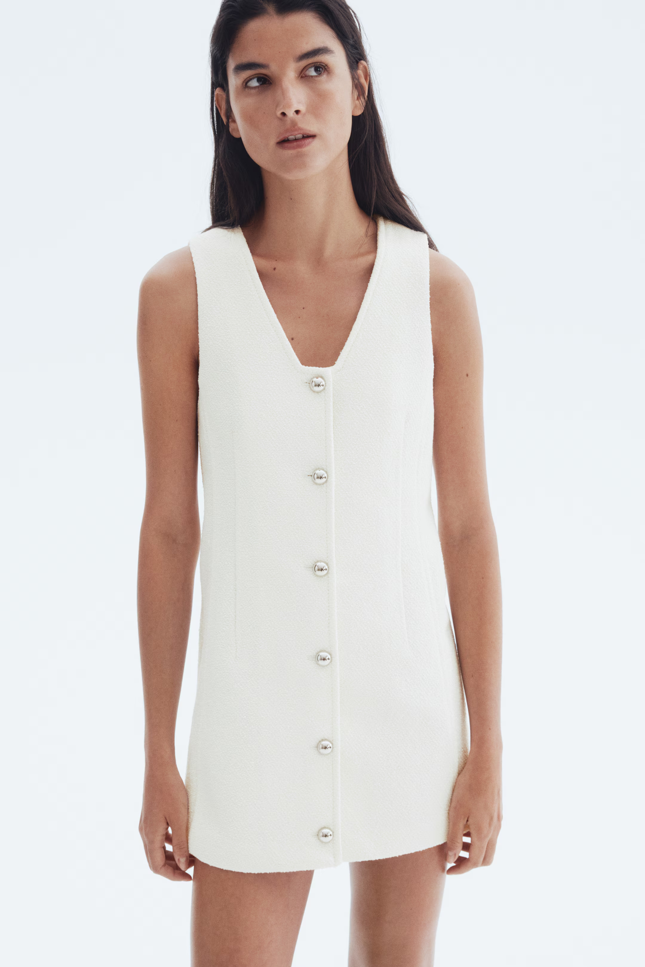 Button-Front Bouclé Dress - White - Ladies | H&M US | H&M (US + CA)