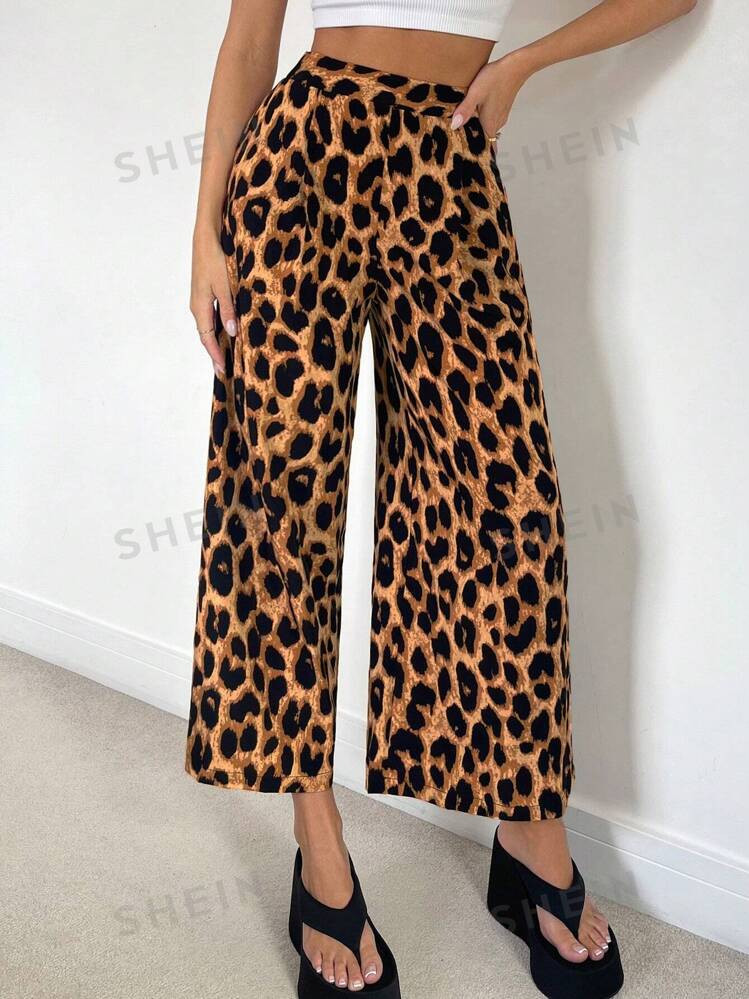 SHEIN Essnce Women's Summer Casual Loose Leopard Print Pleated Wide-Leg Capri Pants | SHEIN