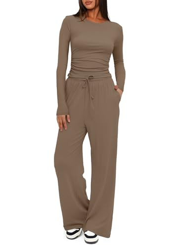 Darong Womens 2 Piece Sets Fall Outfits 2024 Fashion Two Piece Lounge Matching Set T Shirts Long Pants Tracksuit 9065B Khaki XS | Amazon (US)