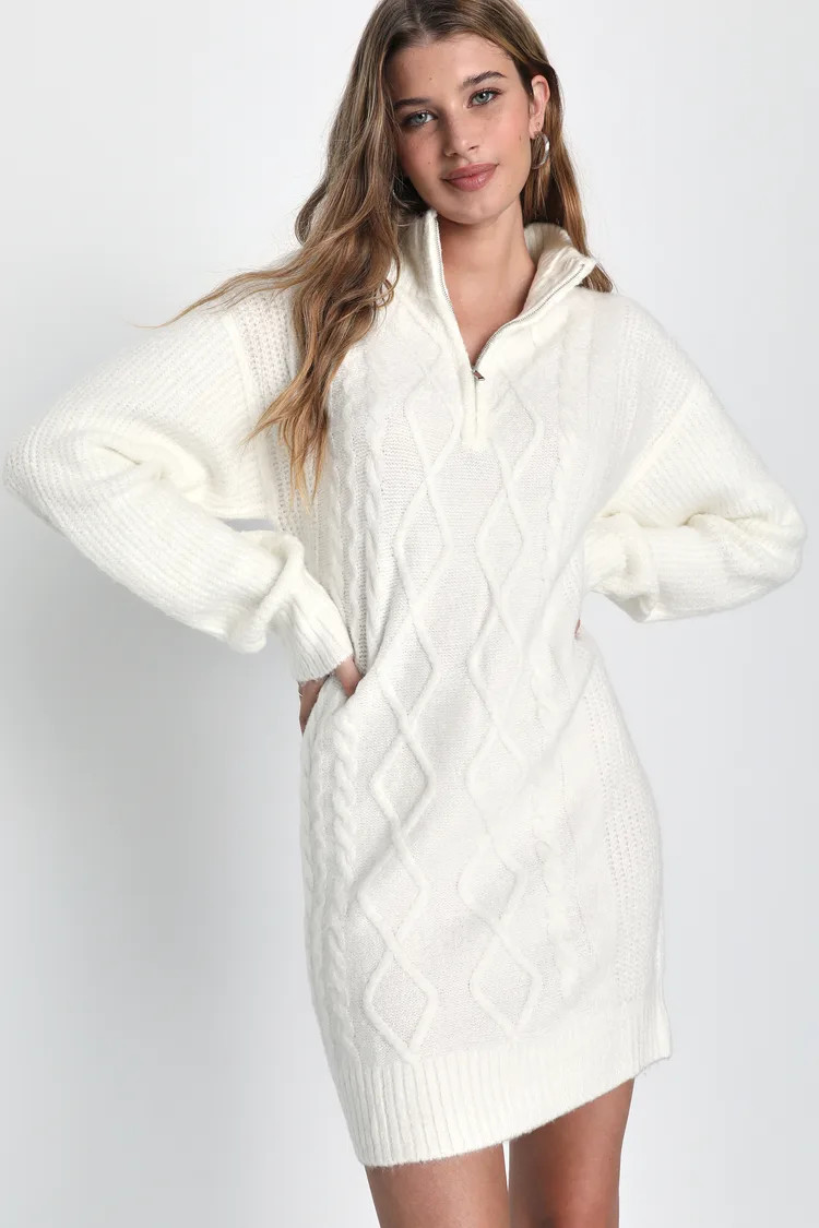 Toasty Chic Ivory Cable Knit Zip-Front Mini Sweater Dress | Lulus (US)